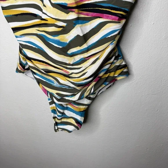 DKNY Zebra Multicolor Stripe Ruffle One Piece Swimsuit Women's 12 Swimming Suit - Picture 2 of 13